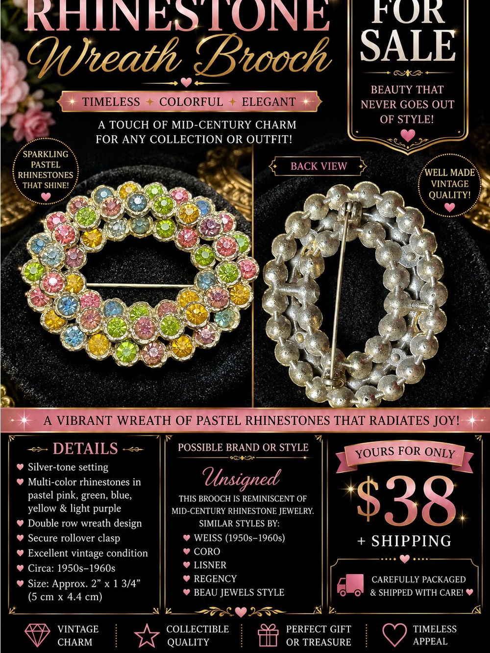 Unsigned Vintage-Inspired Wreath Brooch in Pastel Multi-Color Rhinestones